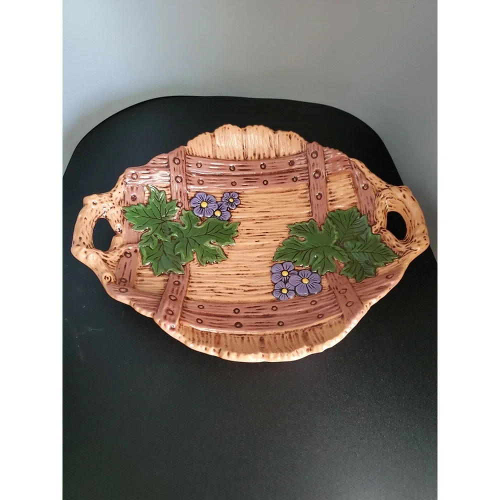 1970's vintage Pottery basket wood pattern Art Decor Signed Trinket Tray 10
